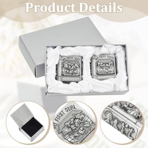 FINGERINSPIRE 2Pcs My First Curl and My First Tooth Keepsake Box Antique Silver Tooth Collection Organizer Holder My First...