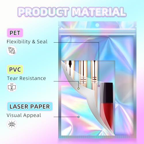 JETMORE 50 PCS Mylar Bags 6x9in, Resealable Holographic Bags, Clear Smell Proof Bag for Gift, Party Favor, Jewelry, Candy,...