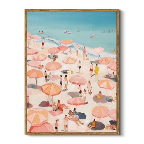 HUARCEY Colorful Seaside Vacation Vibes 12x16 Framed Canvas Wall Art, Retro People and Pink Umbrellas Summer Coastal Prin...