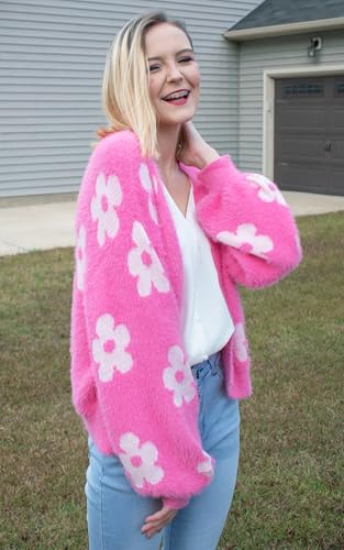 ECOWISH Women Floral Cropped Cardigan: Fall Long Sleeve Open Front Fuzzy Daisy Print Knit Sweaters Casual Y2k Outerwear