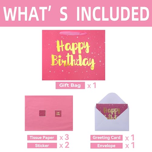 13" Large Pink Gift Bag Set with Greeting Card and Tissue Papers (Stars and Gold Foil ‘Happy Birthday’) for Women's Party,...