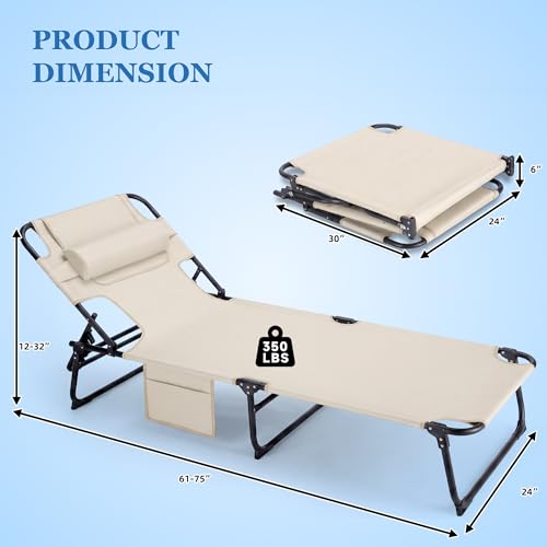 Ahsuname 3-in-1 Sun Tanning Chair with Face Holes, Folding Chaise Lounge Chairs, 5-Position Adjustable Lounge Chair Outdoo...