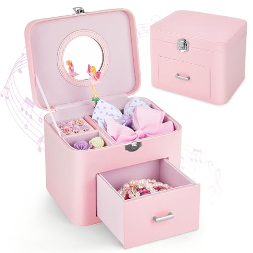 Basumee Musical Jewelry Box for Girls PU Leather Music Box with Drawer Large Kids Jewelry Organizer with Unicorn/Ballerina...