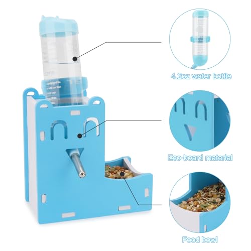 2 in 1 Hamster Hanging Water Bottle Pet Auto Dispenser with Base for Hamster Mice Gerbil Hedgehog (Smile Blue)