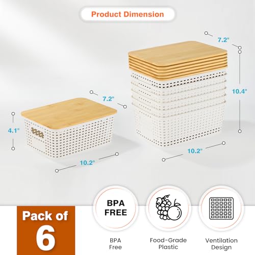 Ohmlove Plastic Storage Baskets With Bamboo Lid - Plastic Storage Containers Stackable Storage bins: Storage Baskets for O...