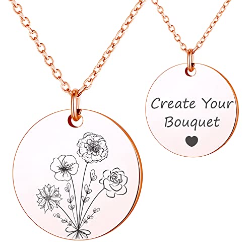 Anavia -Build Your Own Bouquet- Birthmonth Flowers Necklace, Personalized Engraved Floral Coin Necklace, Customized Birthd...