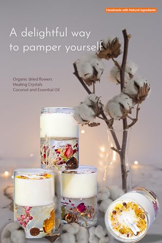 Crystal Candle Gift Set, Organic Natural Flowers in Yelly, Aromatherapy, Healing Gemstones, Botanical Scented Fragrance, M...