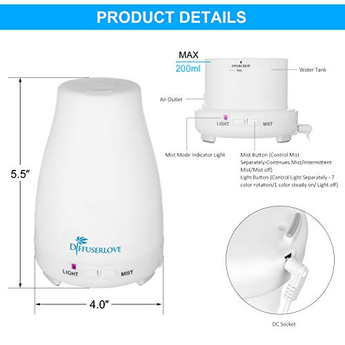 Diffuserlove Essential Oil Diffusers 200ML Remote Control Ultrasonic Mist Humidifiers BPA-Free Aromatherapy Diffuser with ...