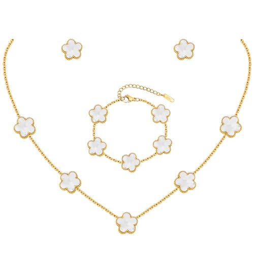 Gold Necklaces Bracelets Earring Set - 18K Gold Plated Flower Bracelet Chain,Stainless Steel Non Tarnish Floral Pendant St...