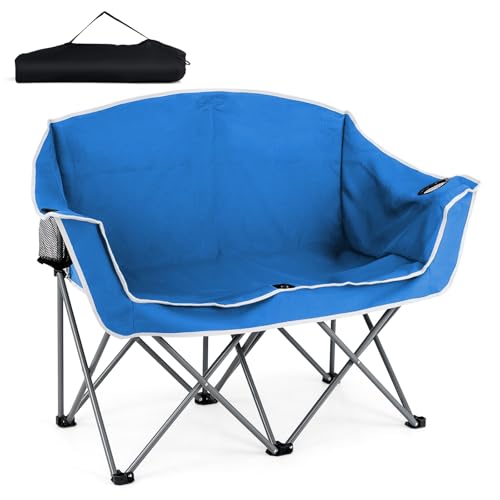 COSTWAY Double Camping Chair for 2, Oversized Folding Loveseat with Armrests, Dual Cup Holders & Carry Bag – Heavy-Duty Po...