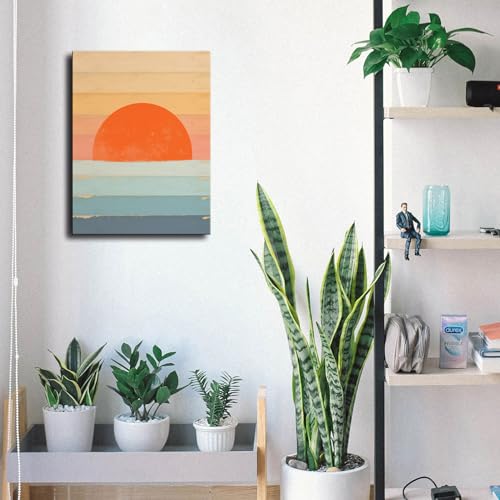 Boho Sun Wall Art, Framed Canvas Wall Art Rainbow Sun Rising on the Horizon Geometric Nature Illustrations Line Art Wall, ...