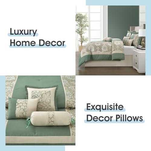 LANCO MODERN LIFESTYLE 7 Piece King Size Comforter Set, Green, Elegant Floral Jacquard, Stylish and Cozy Bedding Collectio...