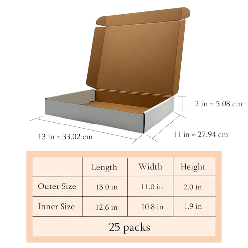 13x11x2 Inches Shipping Boxes Set of 25,White Corrugated Mailing Cardboard Box Literature Mailer for Packing Small Busines...