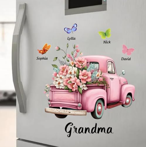 Grandma Pink Floral Truck Butterflies Decal, Personalized Grandma Flower Truck Car Sticker, Custom Pink Butterfly Floral D...