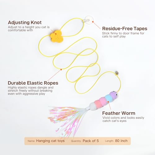 Potaroma Interactive Cat Feather Toys 5 Pcs, Cat Teaser Retractable Hanging Indoor Kitten Play Chase Exercise, Mental Phys...