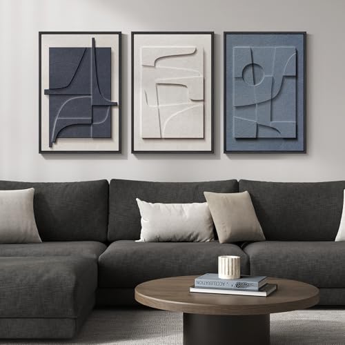 Large 3D Textured Framed Blue and White Abstract Wall Art for Living Room, 3 Piece Modern Artwork for Walls, Minimalist Na...
