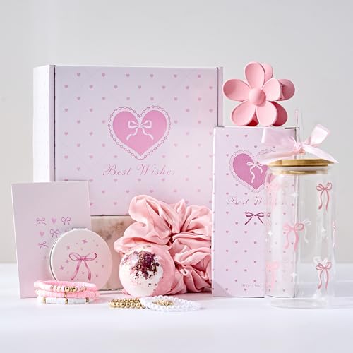 LANGASQUE Birthday Gifts for Women Teen Girls, Happy Birthday Gift Baskets for Women, Coquette Pink Bow Glass Cup Gift Box...