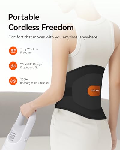 IKEEPFIT Portable Heating Pad for Back, Cordless Wearable Heat Belt with Massager for Lower Back Pain Relief, Battery Powe...