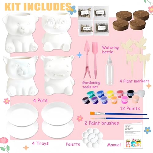 yasest Paint & Plant Flower Growing Kit for Kids - 4 Set DIY Animal Pattern Ceramic Painting Kit, Kids Gardening Set, Arts...