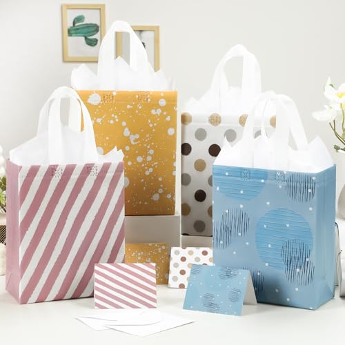 STYPOP 10" Gift Bags Medium Size (4 Pack) - Includes Tissue Paper & Cards, Reusable Non-Woven Gift Bags with handles, Perf...