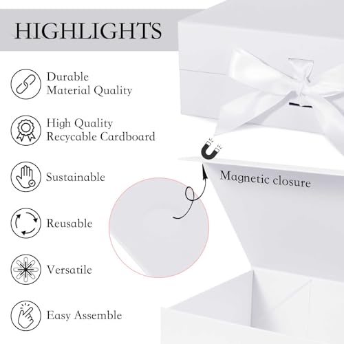 LFBOX White Gift Box with Ribbon Magnetic Lids 10.2x9x3.74 in, Christmas Gift Boxes Bridesmaid Groomsman Proposal Boxes, W...