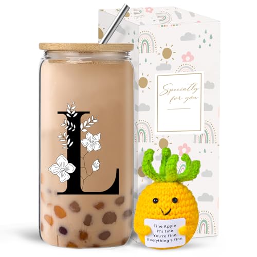 fcaylo Monogrammed Initial Glass Cup with Lids and Straws, Personalized Gift Set with Doll, 16 Oz Ice Coffee Cup for Wome...