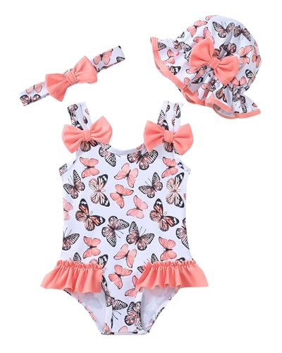 SODLON Baby Girl Swimsuit Infant One-Piece Bathing Suit Cute Summer Beach Tankini Bikini Ruffle Bow Toddler Swimwear with Hat