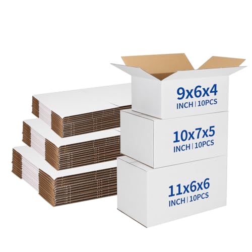CRUGLA Assorted Sizes Shipping Boxes 30 Pack (11x6x6, 10x7x5, 9x6x4), White Corrugated Cardboard Mailers, Each 10 PCS Smal...