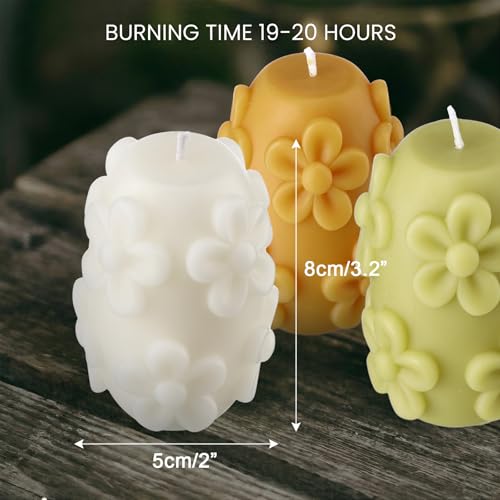 Lyrow 3 Pcs Daisy Pillar Candles 3D Embossed Floral Candle Set 3'' H Easter Decorative Candles for Spring Wedding Home Din...