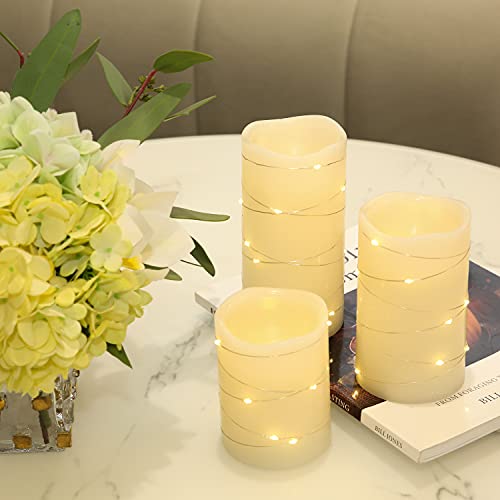 H-BLOSSOM Flickering Flameless Candles Ivory Real Wax Pillar with Embedded String Lights LED Candles Battery Operated with...