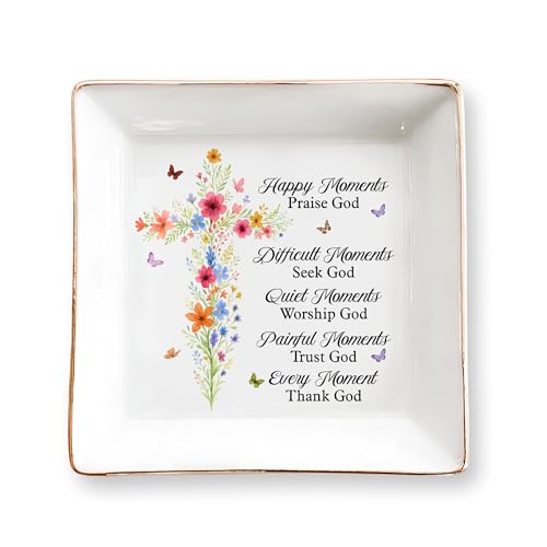Christian Gifts for Women, Faith Inspirational Gifts - Floral Cross 4" Jewelry Dish, Religious Gift for Mom, Sister, Daugh...