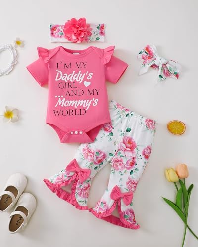 SUNNY PIGGY Newborn Baby Girl Clothes Infant Floral Outfits Bell Bottom Flowerpant Headband 0-18 Months Baby Girl Romper