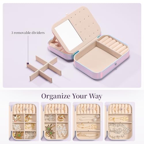 LAMU Travel Jewelry Box, Portable Jewelry Organizers and Stroage, Glowing Rainbow Small Jewelry Case for Earrings Rings Ne...