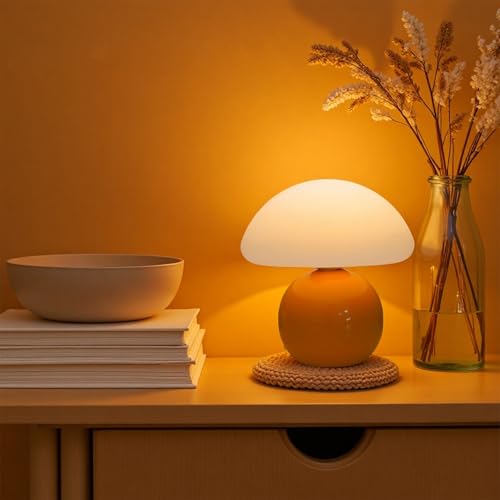 kvppvt Cute Small Mushroom Lamp, PE Lampshade, Ceramic Base, Adjustable Light Color and Brightness with Power-Off Memory, ...