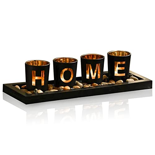 MrMrKura Home Decorative Candle Holder Set, 4 Glass Tea Light Candleholders with Wooden Candle Holders Tray, Natural Pebbl...