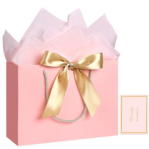 JMANNI Pink Gift Bags with Handles, 13” Medium Gift Bag for Presents, 1 Pcs Bags with 2 Tissue Paper and 1 Cards for Baby ...