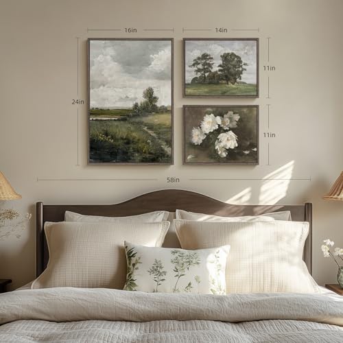 3 Piece Framed Vintage Canvas Wall Art Set, Large Green Floral and Tree Landscape Farmhouse Painting Print, French Country...