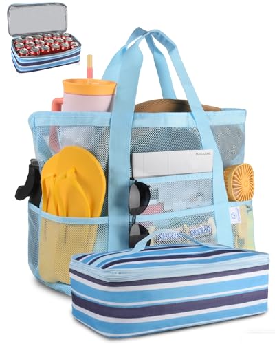 Genteen Sandproof Mesh Beach Bag with Detachable Cooler, Waterproof Zipper Tote Bag for Women Swim Pool Vacation Travel