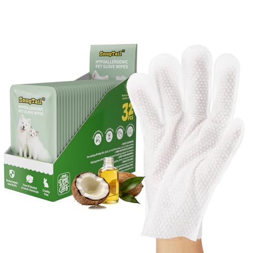 SnugTail Pet Glove Wipes for Dogs & Cats,Shedding Control, Dander Removal & Paw Cleaning, Travel Essentials for Pets(32 In...
