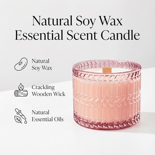 Hidden Label Sandalwood Rose Scented Candle with Crackling Wood Wick, 7.4oz Pink Soy Candle for Home Scented, 55H Clean Bu...