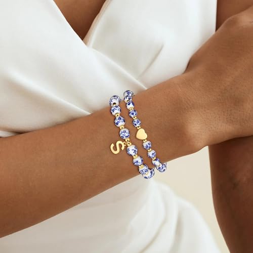 Maxcate Bead Charm Heart Initial Bracelet for Women Girls - 2PCS Flower Vintage Heart Initial Bracelet Teen Girls Gifts Ha...