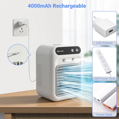 Portable Air Conditioner, Personal Cooling Fan with Humidifier, 2 Spray Modes, 2 Speeds, 4000mAh Rechargeable Battery, Qui...