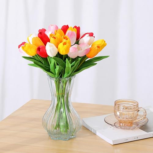SITUMEIZI Fake Flowers Tulips Artificial Flower 15pcs Real Touch PU 14" for Spring Easter Home Kitchen Wedding Bouquet Bul...