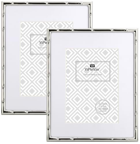 YiPinYin 8x10'' Bamboo Detail Designs Silver Metal Picture Frame with Mat for 5x7'' Set of 2,Narrow Silver Plated Photo Fr...