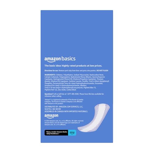 Amazon Basics Daily Pantiliner, Long Length, Feminine Pads for Women, Unscented, Comfortable Thin, 120 Count (3 Packs of 4...