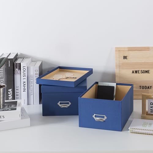 Soul & Lane Blue Decorative Cardboard Storage Boxes with Lids, Set of 2 Stacking Keepsake Photo and Memory Boxes for Home...