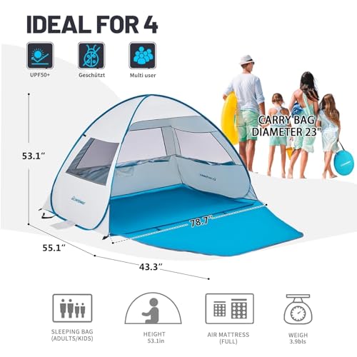 EchoSmile Pop Up Beach Tent for 4 Person Family, UPF 50+ Sun Shelter & Waterproof Beach Shade, Automatic Easy Setup Portab...
