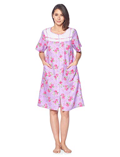 Casual Nights Women's Zipper Front House Dress Short Sleeve Woven Housecoat Duster Lounger Robe with Pockets