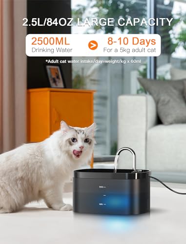 Cat Water Fountain, 84OZ/2.5L Cat Fountain, Super Silent Pet Water Fountain, Activated Carbon Filter, Translucent Pet Wate...