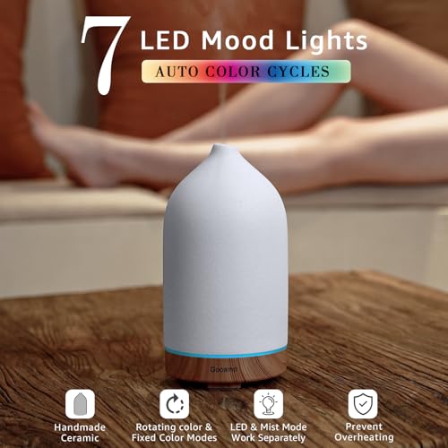Gooamp 200ML Ceramic Essential Oil Diffuser - Ultrasonic Aromatherapy & Humidifier with 7-Color LED Lights, Auto Shut-Off,...